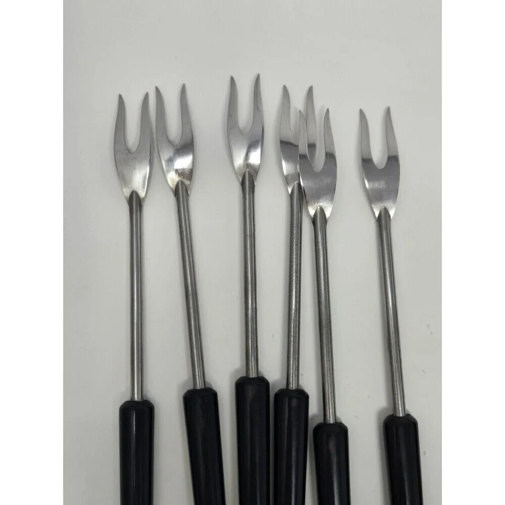 VINTAGE STAINLESS STEEL BLACK HANDLE FONDUE FORKS SET OF 6 WITH BOX FRANCE MCM